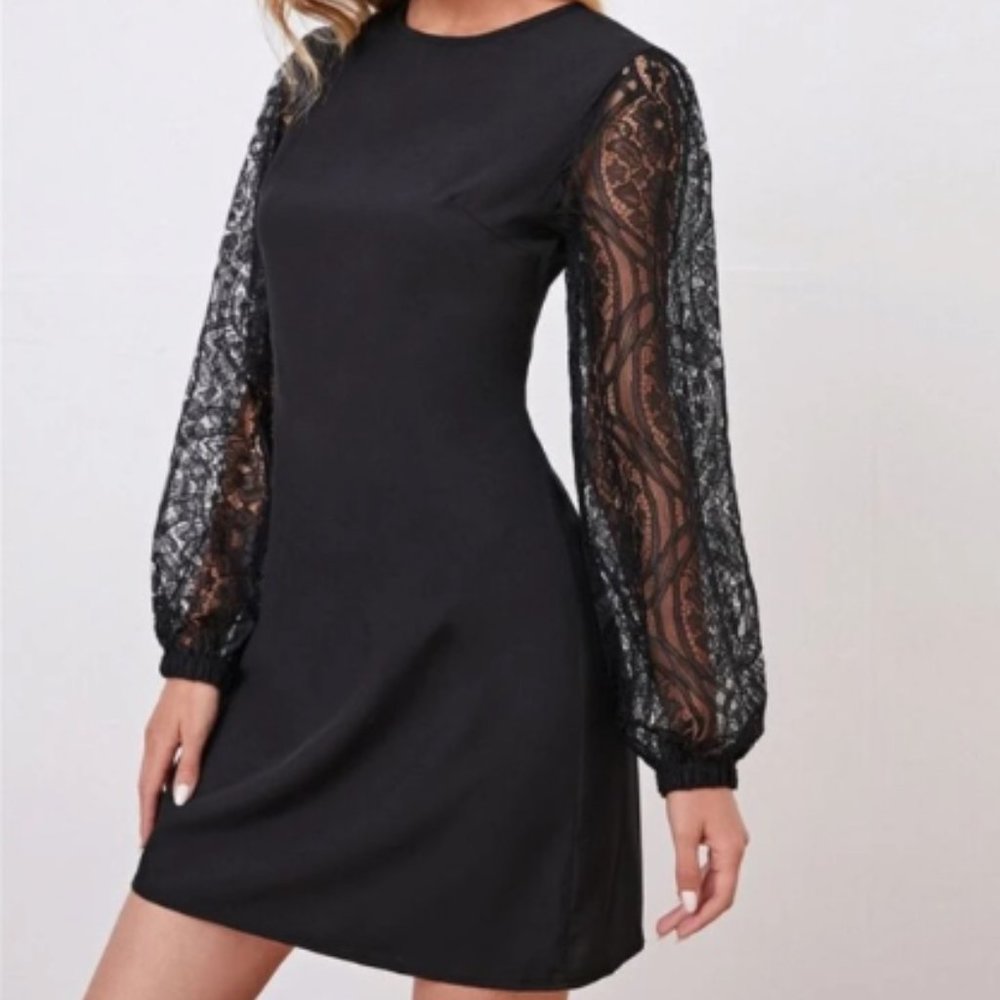 Black Lace Bishop Sleeve Dress NWOT